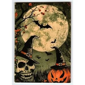 Vintage Halloween Postcard Skull Pumpkin Witch Hat Full Moon 5.5x4"